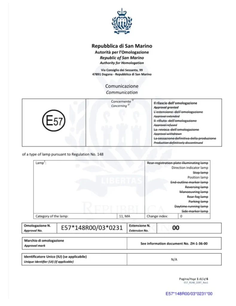 E-mark (ECE) homologation certificate proving compliance with European Union safety standards for recreational vehicles and campers.