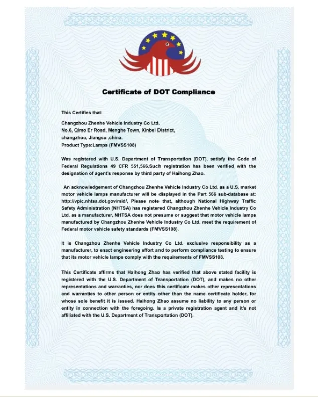 Official US Department of Transportation (DOT) compliance certificate for exporting slide-in truck campers to the USA.