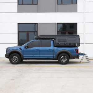 Lightweight aluminum ute canopy camper mounted on a Toyota Hilux dual cab flat tray.