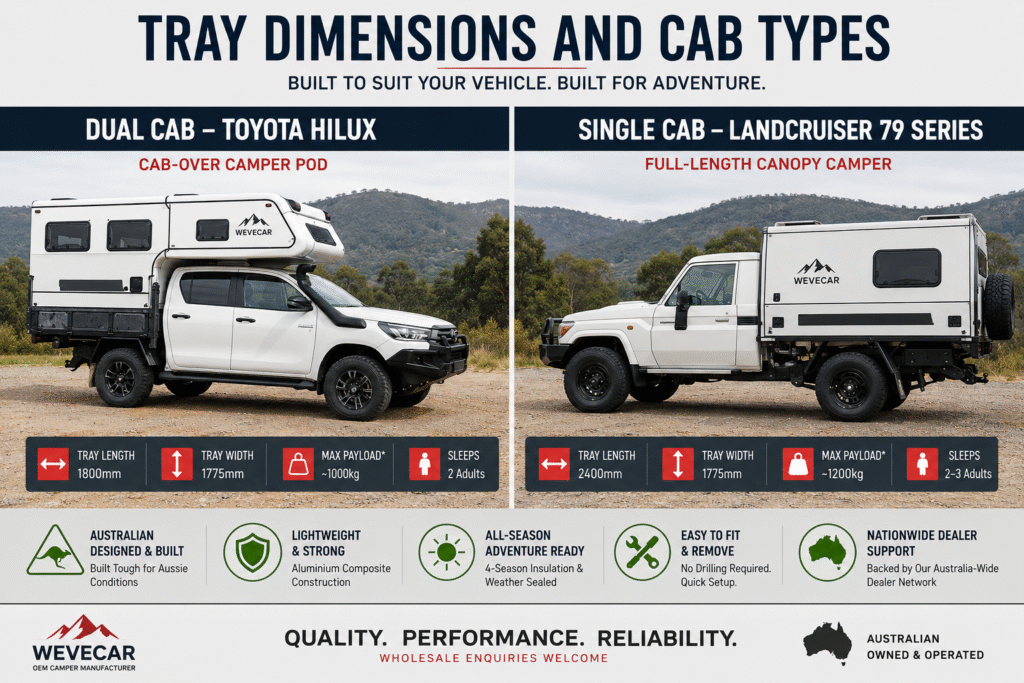 Side-by-side comparison of dual cab and single cab trayback camper pods from an Australian wholesale distributor.