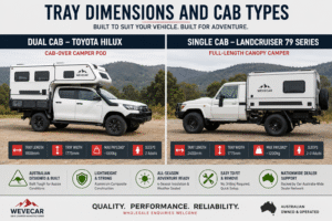 Side-by-side comparison of dual cab and single cab trayback camper pods from an Australian wholesale distributor.